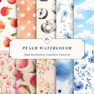 Op de afbeelding: Een collectie van zestien naadloze digitale patronen met aquarel- en inktillustraties van rode appels, witte stippen op perzik, zwart-witte vruchtenschetsen, blauwe bloemmotieven, witte wolken en roze bloemen op een crèmekleurige achtergrond.