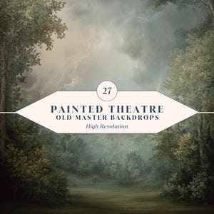 Puede incluir: Un telón de fondo pintado con una escena de bosque. La imagen presenta un camino que conduce a un bosque brumoso con árboles altos a ambos lados. El texto en el telón de fondo dice "PAINTED THEATRE OLD MASTER BACKDROPS High Resolution".