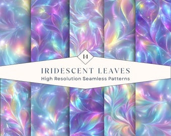14 Iridescent Leaves Seamless Patterns – Holographic Leaf Digital Papers with Dreamy Pastel Textures | Instant Download