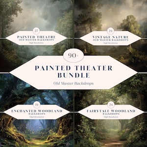 Könnte beinhalten: Ein Bundle digitaler Hintergründe mit gemalten Theater-, Vintage-Natur-, verwunschenen Wald- und Märchenwaldszenen. Jeder Hintergrund ist mit einem Titel und einer Nummer versehen, wobei der Haupttitel "Painted Theater Bundle" lautet. Die Bilder sind hochauflösend.