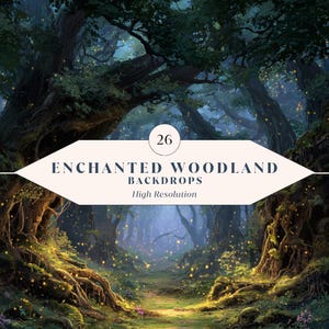 Op de afbeelding: Een afbeelding van een betoverde bosscène met een pad dat in de verte leidt. De afbeelding toont weelderige groene bomen, gloeiende lichten en de tekst "ENCHANTED WOODLAND BACKDROPS High Resolution" met het nummer "26".