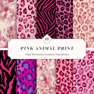 Puede incluir: Una colección de patrones de estampado animal rosa, incluyendo diseños de leopardo y cebra. Los patrones varían en tonos de rosa e incluyen acentos dorados. La imagen presenta el texto "PINK ANIMAL PRINT" y "High Resolution Seamless Backdrops".