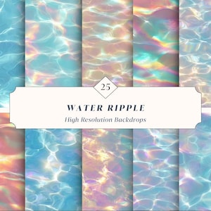 May include: A collection of high-resolution backdrops featuring water ripple effects. The images showcase various shades of blue, with shimmering light reflections. The text "WATER RIPPLE" and "High Resolution Backdrops" are displayed on a white banner, along with the number "25".