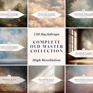 May include: A digital collection of 230 high-resolution backdrops titled Complete Old Master Collection. The image displays eight distinct samples including vintage nature, clouds, painted theatre, soft painterly, window light, moody wall, plaster wall, and painted canvas.
