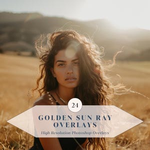 May include: A woman with long, wavy brown hair poses in a field of tall, dry grass. The image has a warm, golden hue from the sunlight. Text on the image reads "GOLDEN SUN RAY OVERLAYS" and "High Resolution Photoshop Overlays".