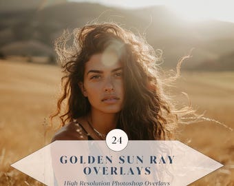 24 Golden Sun Ray Overlays – Warm Light Leaks, Golden Hour Glow + Soft Sun Flare Effects for Photoshop | High Resolution