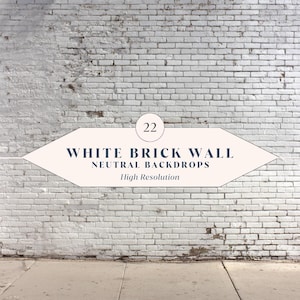 May include: A white brick wall backdrop with a neutral color scheme. The image features a textured brick wall with a light-colored paint finish. Text on the image reads "White Brick Wall, Neutral Backdrops, High Resolution."