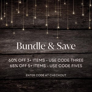 May include: A dark wooden background with the words "Bundle & Save" in white. Below, text offers discounts: 60% off 3+ items with code THREE, and 65% off 5+ items with code FIVE5. "Enter code at checkout" is also displayed.