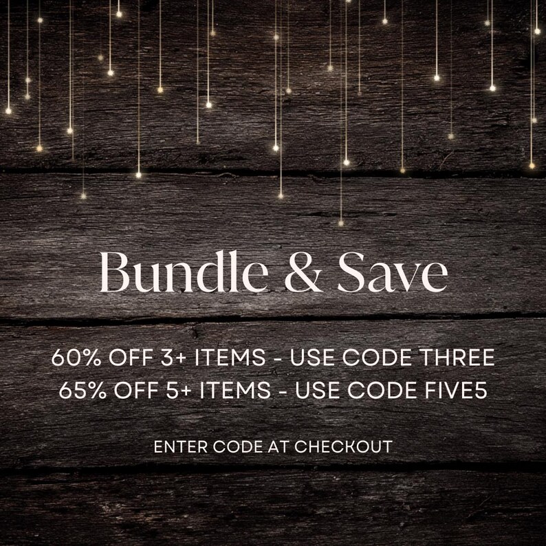 May include: A dark wooden background with the words "Bundle & Save" in white. Below, text offers discounts: 60% off 3+ items with code THREE, and 65% off 5+ items with code FIVE5. "Enter code at checkout" is also displayed.