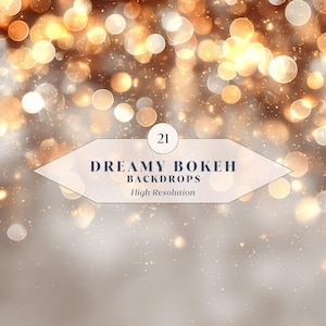 May include: A digital backdrop with a dreamy bokeh effect, showcasing soft, out-of-focus circles in gold and white. The image includes the text "Dreamy Bokeh Backdrops" and "High Resolution". The number "21" is also visible.