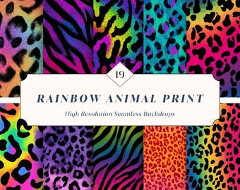 19 Rainbow Animal Print Seamless Backdrops – Neon Leopard & Zebra Patterns for Canva + Photoshop | Instant Download