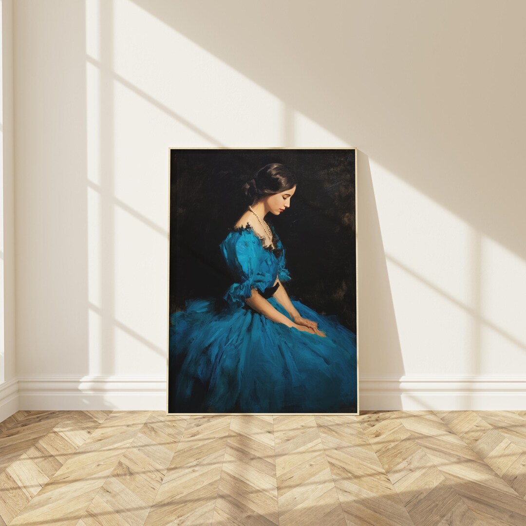 Vintage Portrait Wall Art – Elegant Woman in Blue Dress Oil Painting ...