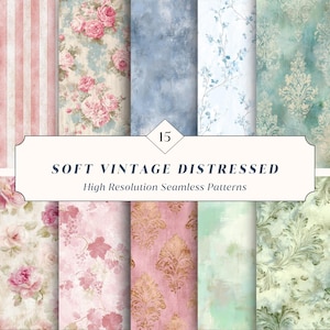Könnte beinhalten: Eine Sammlung von 15 nahtlosen Mustern in hoher Auflösung mit einer weichen Vintage- und Used-Optik. Die Muster zeigen florale, gestreifte und strukturierte Designs in verschiedenen Farben, darunter Rosa, Blau und Grün. Der Text lautet "SOFT VINTAGE DISTRESSED" und "High Resolution Seamless Patterns."