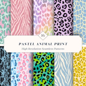 Op de afbeelding: Een verzameling van zestien pastelkleurige dierenprints. De patronen omvatten luipaard-, zebra-, slang- en giraffenprints in verschillende kleuren zoals roze, blauw, groen en geel. De tekst luidt "PASTEL ANIMAL PRINT" en "High Resolution Seamless Patterns."