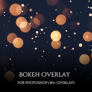 May include: A digital overlay of 80+ bokeh effects for Photoshop. The image shows a dark background with a scattering of golden bokeh lights.