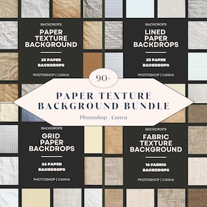 May include: A digital product bundle featuring various paper and fabric texture backgrounds. The image displays a grid of backgrounds, including lined, grid, and crumpled paper textures. Text on the image reads "Paper Texture Background Bundle" and "Photoshop | Canva".