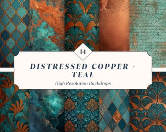 14 Distressed Copper & Teal Backdrops – Vintage Texture + Pattern Backgrounds for Canva + Photoshop | Instant Download