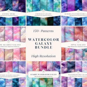 May include: A digital collection of 150+ watercolor galaxy patterns featuring cosmic swirls, emerald, aurora, rose quartz, opal, cotton candy, and starry themes. The bundle includes high-resolution seamless backgrounds in various shades of blue, pink, purple, and green.
