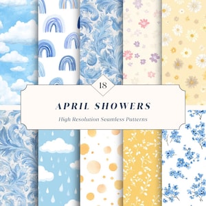 Może przedstawiać: Kolekcja 18 bezszwowych wzorów w wysokiej rozdzielczości o tematyce "April Showers". Wzory przedstawiają akwarelowe projekty chmur, tęczy, kompozycji kwiatowych i abstrakcyjnych kształtów w odcieniach niebieskiego, żółtego i białego.