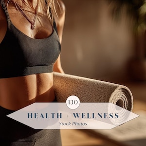 May include: A person wearing a black sports bra and leggings, holding a rolled-up yoga mat. The image has text that reads "HEALTH + WELLNESS Stock Photos". The color palette is neutral with warm tones.