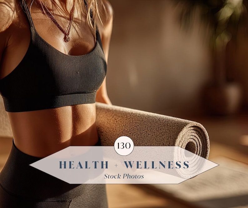 May include: A person wearing a black sports bra and leggings, holding a rolled-up yoga mat. The image has text that reads "HEALTH + WELLNESS Stock Photos". The color palette is neutral with warm tones.