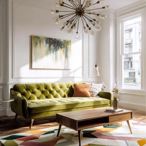 May include: A tufted olive green velvet sofa with tapered wooden legs, paired with a rectangular wooden coffee table featuring a side drawer, positioned on a geometric patterned rug under a large multi-bulb sputnik chandelier.