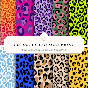 May include: A collection of colorful leopard print patterns in various hues, including orange, pink, purple, green, and yellow. The image features the text "COLORFUL LEOPARD PRINT" and "High Resolution Seamless Backdrops".