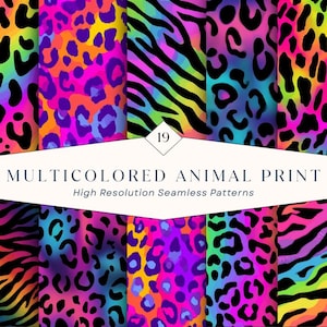 19 naadloze veelkleurige patronen met dierenprint – digitaal papier met gedurfde regenboogluipaard en zebra | Direct downloaden