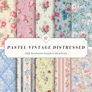 May include: A collection of high-resolution seamless backdrops with a pastel vintage distressed floral design. The backdrops feature various floral patterns in shades of pink, blue, and cream. The text on the image reads "PASTEL VINTAGE DISTRESSED".