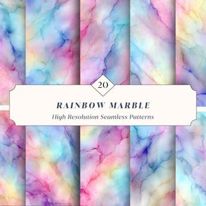 Peut inclure: Une collection de vingt motifs sans couture haute résolution avec un design de marbre arc-en-ciel. Les motifs présentent un mélange de couleurs, notamment le rose, le bleu, le jaune et le violet, créant une esthétique vibrante et artistique. Le texte "RAINBOW MARBLE" est affiché sur une bannière blanche.