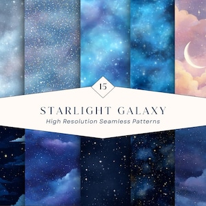 15 Starlight Galaxy Seamless Patterns – Dreamy Blue Galaxy Digital Papers with Celestial Night Sky Textures | Instant Download