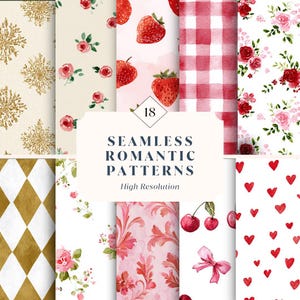 Seamless Romantic Patterns – 18 Floral, Strawberry, Heart & Gingham Patterns for Valentine’s Designs | High-Resolution Digital Download