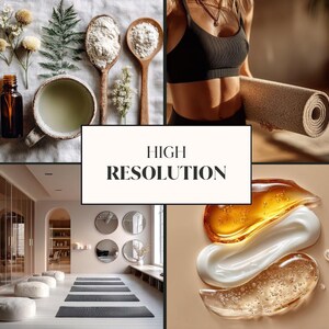May include: A collage featuring wellness and beauty elements. Includes a yoga mat, skincare products, a yoga studio, and ingredients like aloe vera, herbs, and powders in wooden spoons. The text "HIGH RESOLUTION" is displayed.