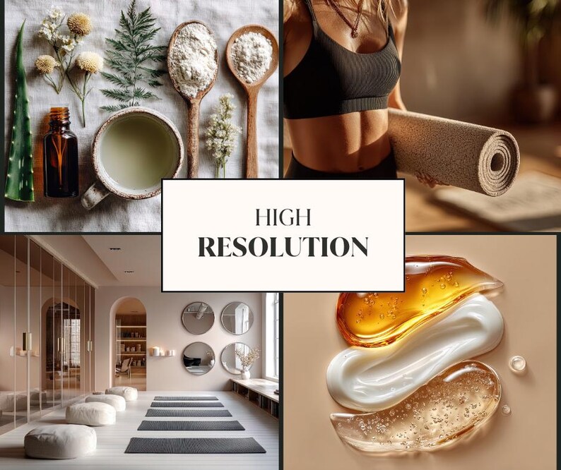 May include: A collage featuring wellness and beauty elements. Includes a yoga mat, skincare products, a yoga studio, and ingredients like aloe vera, herbs, and powders in wooden spoons. The text "HIGH RESOLUTION" is displayed.