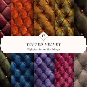 Puede incluir: Una colección de fondos de terciopelo acolchado de alta resolución en varios colores, incluyendo burdeos, naranja, dorado, verde oliva, azul, morado y gris. Cada fondo presenta un patrón de diamantes con detalles de botones. El texto "Tufted Velvet" y "High Resolution Backdrops" está incluido.