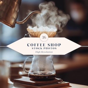 May include: A close-up shot of coffee being brewed using a pour-over method. A copper kettle pours hot water over coffee grounds in a paper filter. A glass carafe sits below, collecting the brewed coffee. The image includes the text "COFFEE SHOP STOCK PHOTOS High Resolution".