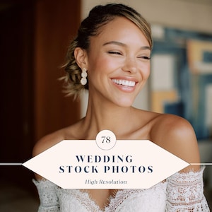 Può includere: Una persona sorridente indossa un abito da sposa in pizzo bianco e orecchini. L'immagine include il testo "78 WEDDING STOCK PHOTOS High Resolution". La persona ha la pelle chiara e sorride con gli occhi chiusi.