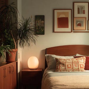 May include: A bedroom interior featuring a wooden bed frame with a patterned rectangular pillow, a bedside table with a glowing white orb lamp, a wooden cabinet, potted plants, and framed wall art with abstract shapes in shades of red and tan.