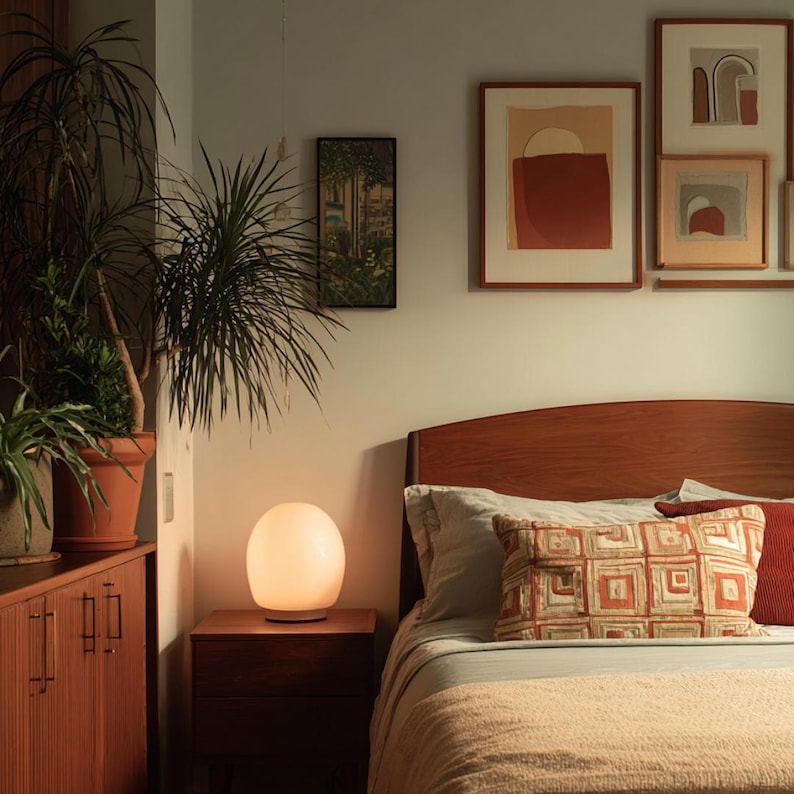 May include: A bedroom interior featuring a wooden bed frame with a patterned rectangular pillow, a bedside table with a glowing white orb lamp, a wooden cabinet, potted plants, and framed wall art with abstract shapes in shades of red and tan.