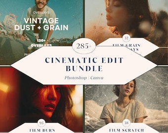 285+ Cinematic Edit Bundle – Film Grain, Dust, Scratches & Light Leak Overlays for Photoshop | Instant Download