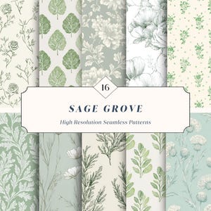 May include: A selection of 16 high-resolution seamless patterns. The designs showcase botanical themes in green and white, with leaves, flowers, and floral arrangements. The text "SAGE GROVE" is presented within a decorative frame.
