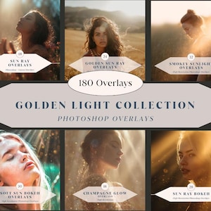 180 Golden Light Collection – Sun Rays, Golden Glow, Bokeh & Smokey Sunlight Photoshop Overlays | High Resolution | Instant Download