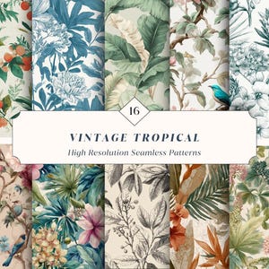 May include: A collection of 16 vintage tropical seamless patterns. The patterns feature botanical designs with lush foliage, flowers, and birds in various color palettes, including greens, blues, and oranges. The text "VINTAGE TROPICAL" is displayed.