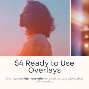 May include: A composite image featuring a woman's profile in warm tones, with text below that reads "54 Ready to Use Overlays." The text also mentions that the overlays are high-resolution and compatible with Canva or Photoshop.