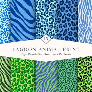 May include: A collection of 16 seamless digital patterns featuring various animal prints in shades of blue, green, and lime. The central white label displays the text 16 LAGOON ANIMAL PRINT High Resolution Seamless Patterns in black font.