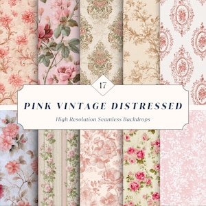 Könnte beinhalten: Eine Sammlung von 10 nahtlosen Hintergründen mit rosa Vintage-Distressed-Blumenmustern. Die Designs umfassen Rosen, Damast und andere Blumenmotive in Rosa-, Creme- und Beigetönen. Der Text lautet "PINK VINTAGE DISTRESSED" und "High Resolution Seamless Backdrops."