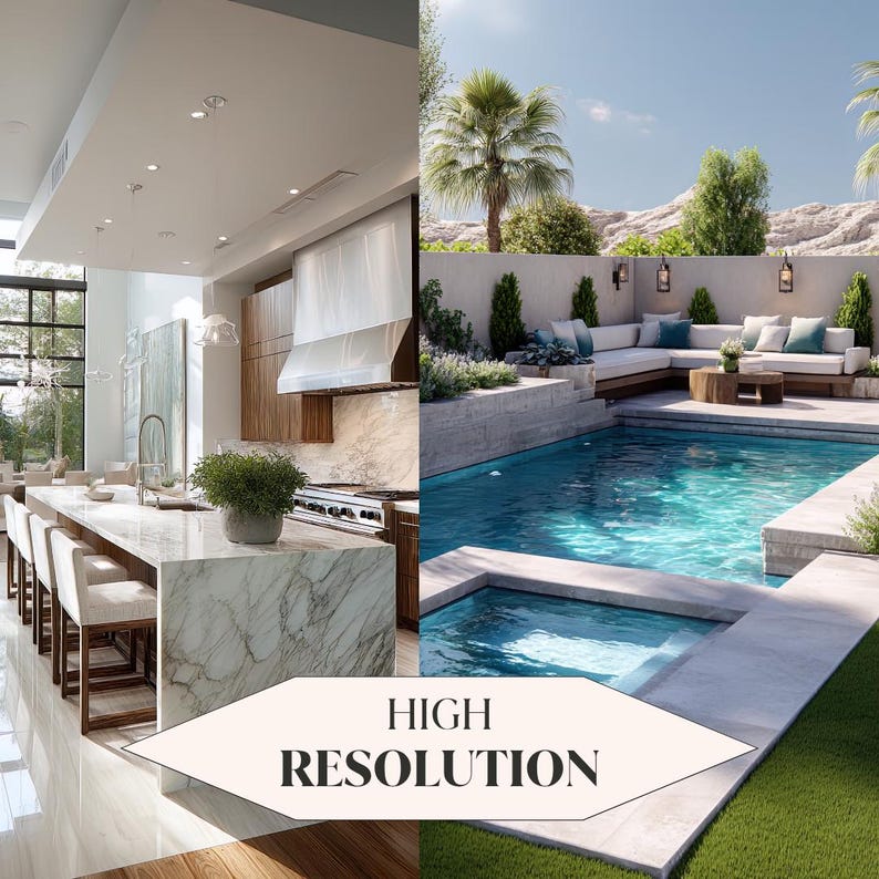 May include: A split-view image featuring a modern kitchen with a white marble island, wooden cabinetry, and bar stools on the left, and an outdoor patio with a swimming pool, hot tub, and white lounge seating on the right. Text reads HIGH RESOLUTION.