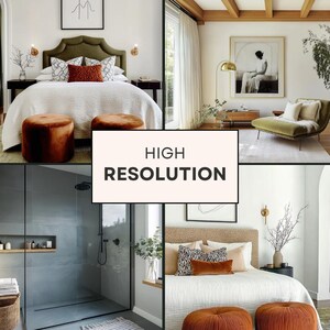 May include: A collage of interior design images. The scenes include a bedroom with a green headboard, a living room with a chaise lounge, a modern bathroom, and another bedroom. The text "HIGH RESOLUTION" is in the center.