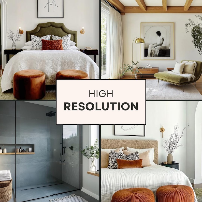 May include: A collage of interior design images. The scenes include a bedroom with a green headboard, a living room with a chaise lounge, a modern bathroom, and another bedroom. The text "HIGH RESOLUTION" is in the center.