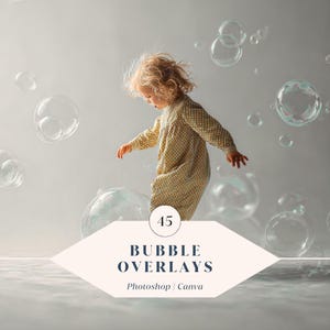 Puede incluir: Un niño con un vestido amarillo estampado rodeado de burbujas flotantes. La imagen incluye el texto "45 Bubble Overlays Photoshop | Canva". El niño está extendiendo los brazos, con el pelo al viento. El fondo es de un color suave y neutro.